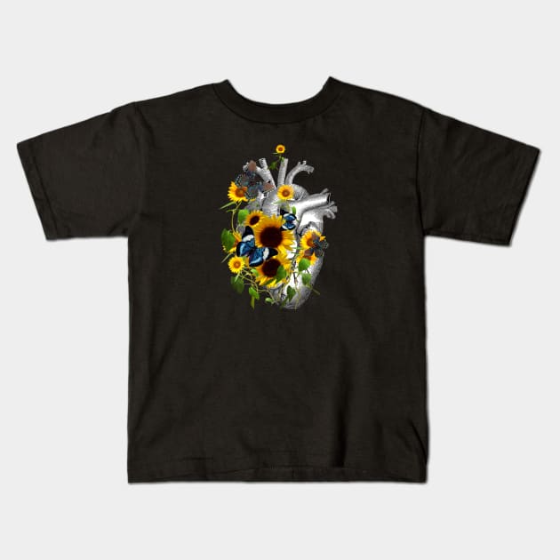 Sunflowers Heart Human Anatomy and blue butterflies Kids T-Shirt by Collagedream